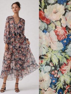 Anthro Marais Floral Sheer Chiffon Boho Tiered Tassel Midi Long Sleeve Dress L
